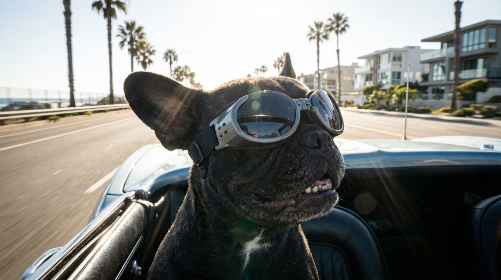 A badass Frenchie wearing protective goggles in a convertible car