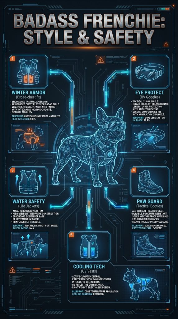 Infographic showing 5 key style tips for Frenchies: Broad chest fit, no-choke collars, eye protection, paw boots, and cooling vests.