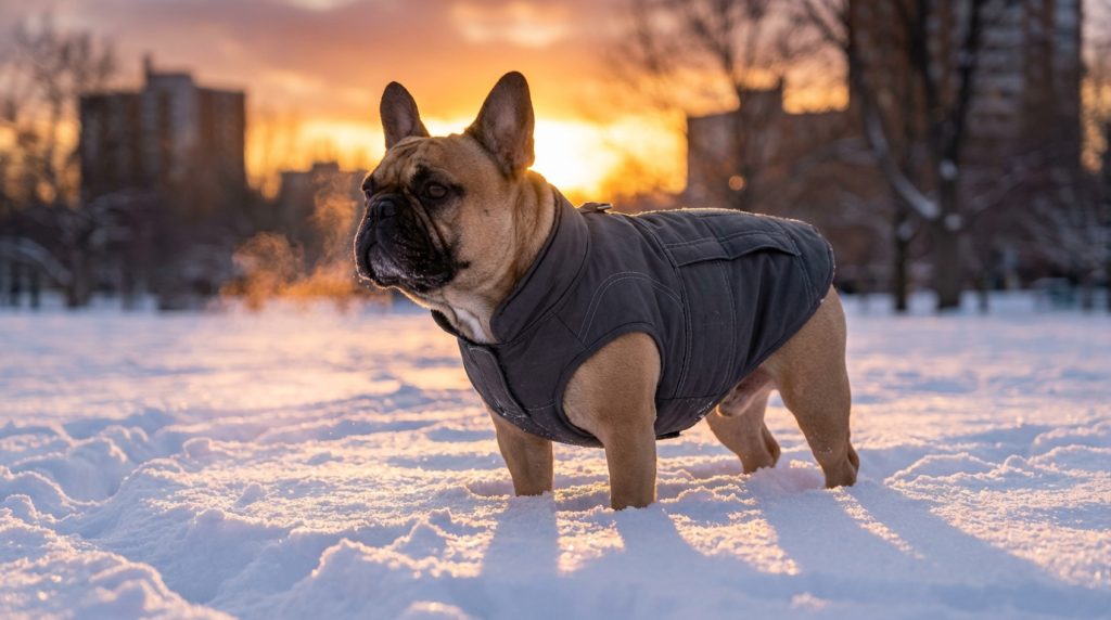 A French Bulldog wearing a thick, high-quality winter parka designed for broad chests.