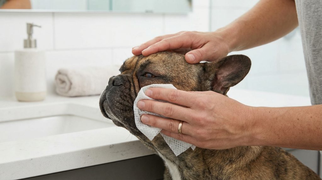 Owner gently cleaning facial folds of a French Bulldog with a wipe to prevent skin infections.