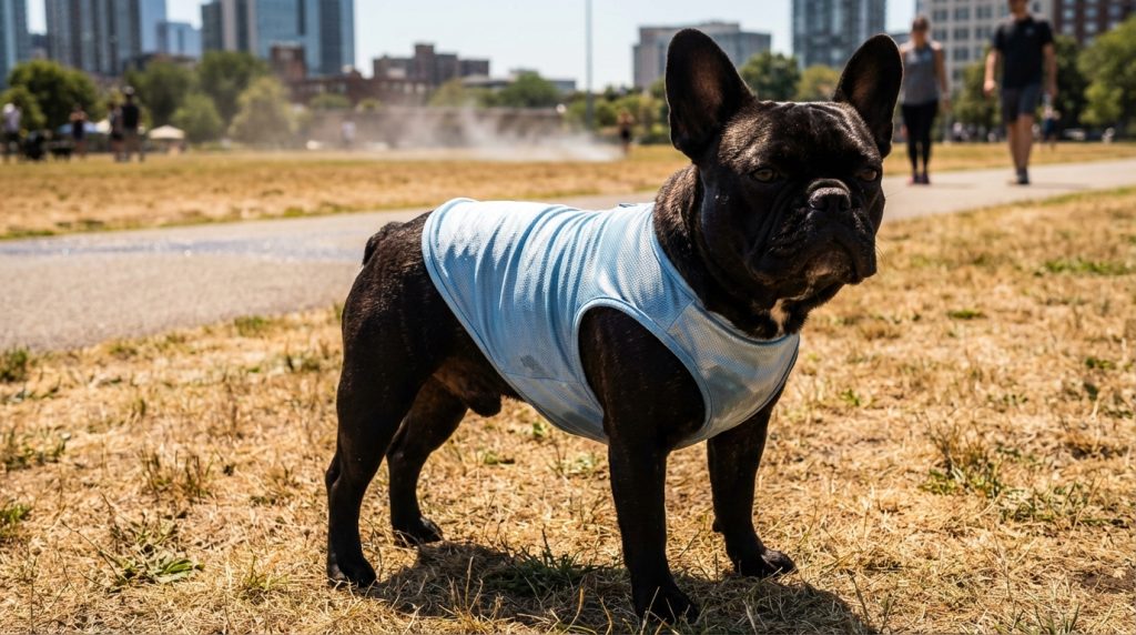  Frenchie wearing a light blue UV protection vest in a sun-drenched park.
