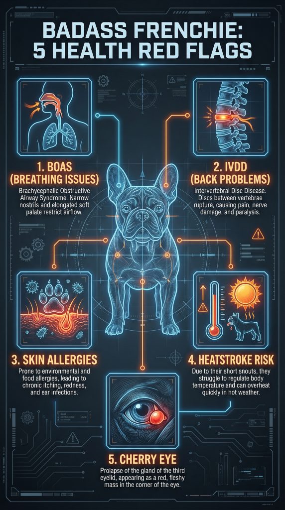 Infographic summarizing 5 common French Bulldog health issues: BOAS, IVDD, Skin Allergies, Heatstroke, and Cherry Eye.