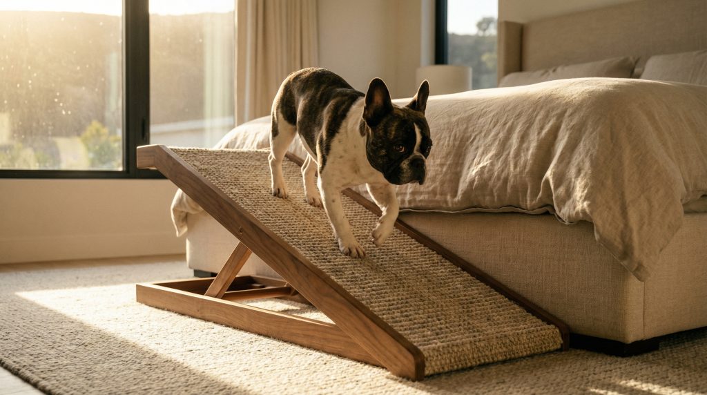 French Bulldog safely using a carpeted wooden ramp to climb onto a high bed to prevent back injuries.