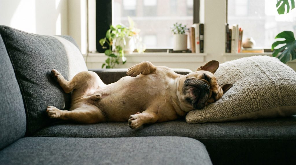 A relaxed French Bulldog sleeping on its back on a comfortable living room sofa.